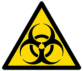 Bright yellow danger sign with bold black text, warning of potential hazards. The sign features a symbol or icon indicating the specific danger.