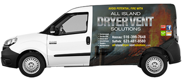 A specialized service van with Dryer Vent Cleaning Long Island branding, parked outside a residential property.